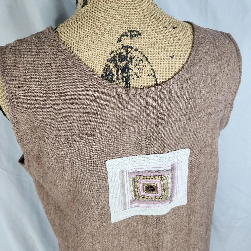 Vintage STUDIO BLUE Size Medium Beaded Embroidered Linen Cotton Sleeveless‎ Maxi